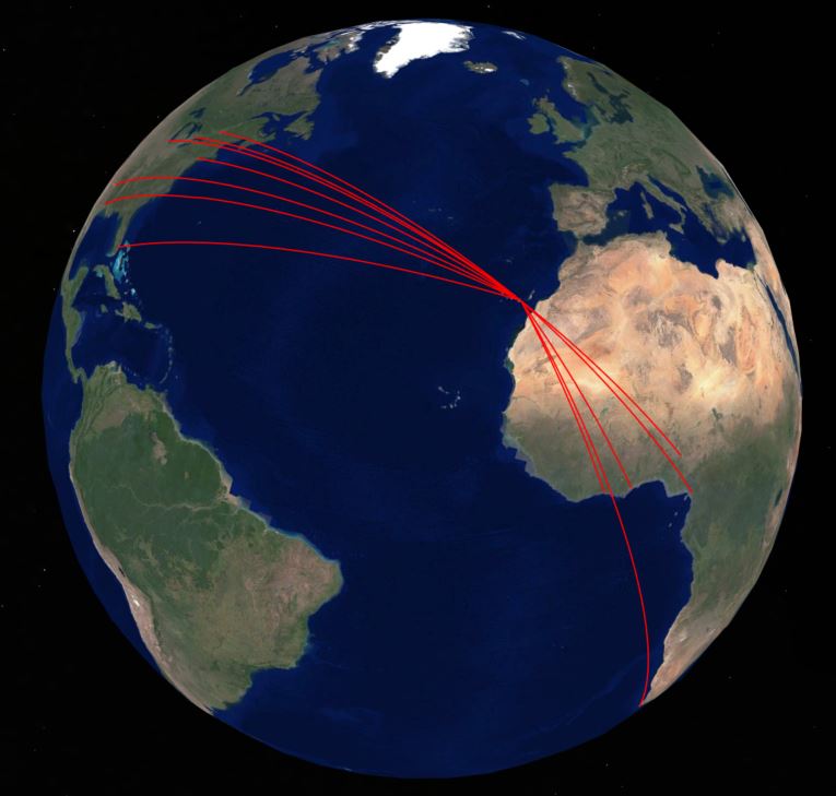 CanAm expansion network connecting additional North American and African catchment areas through Las Palmas.